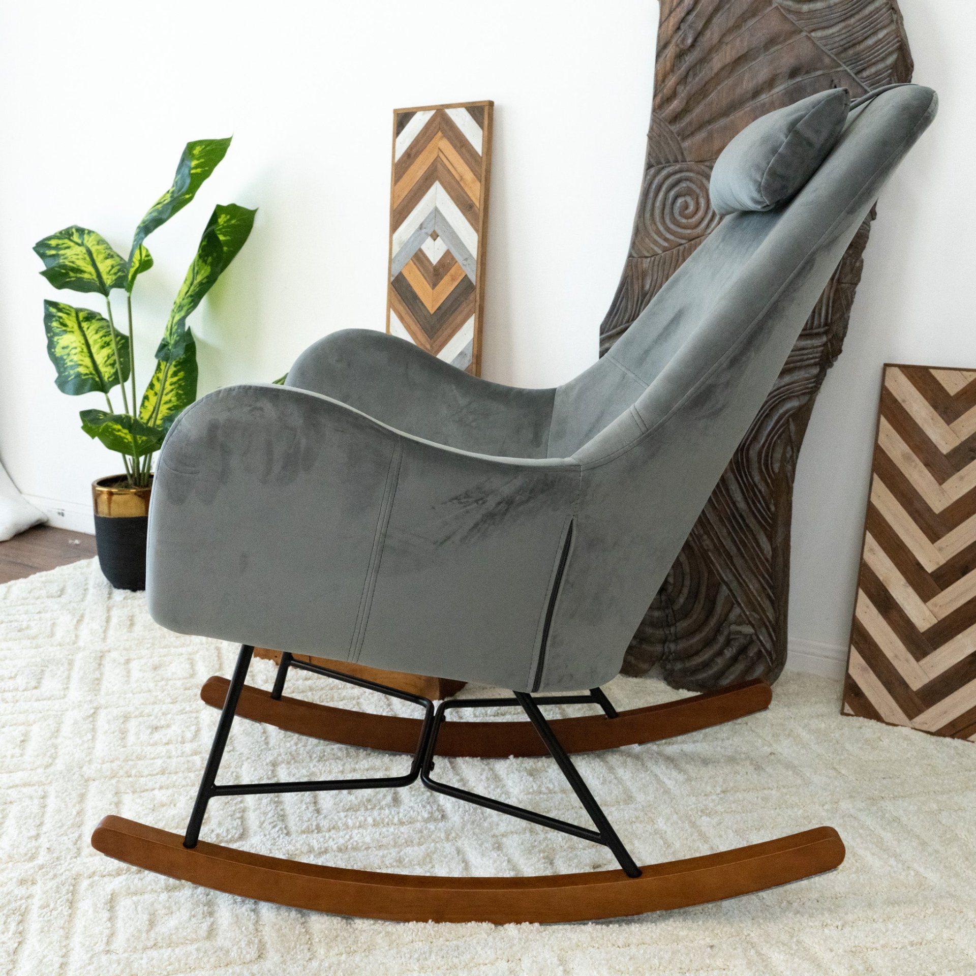 Chel - Velvet Rocking Chair - Light Gray - Image 7