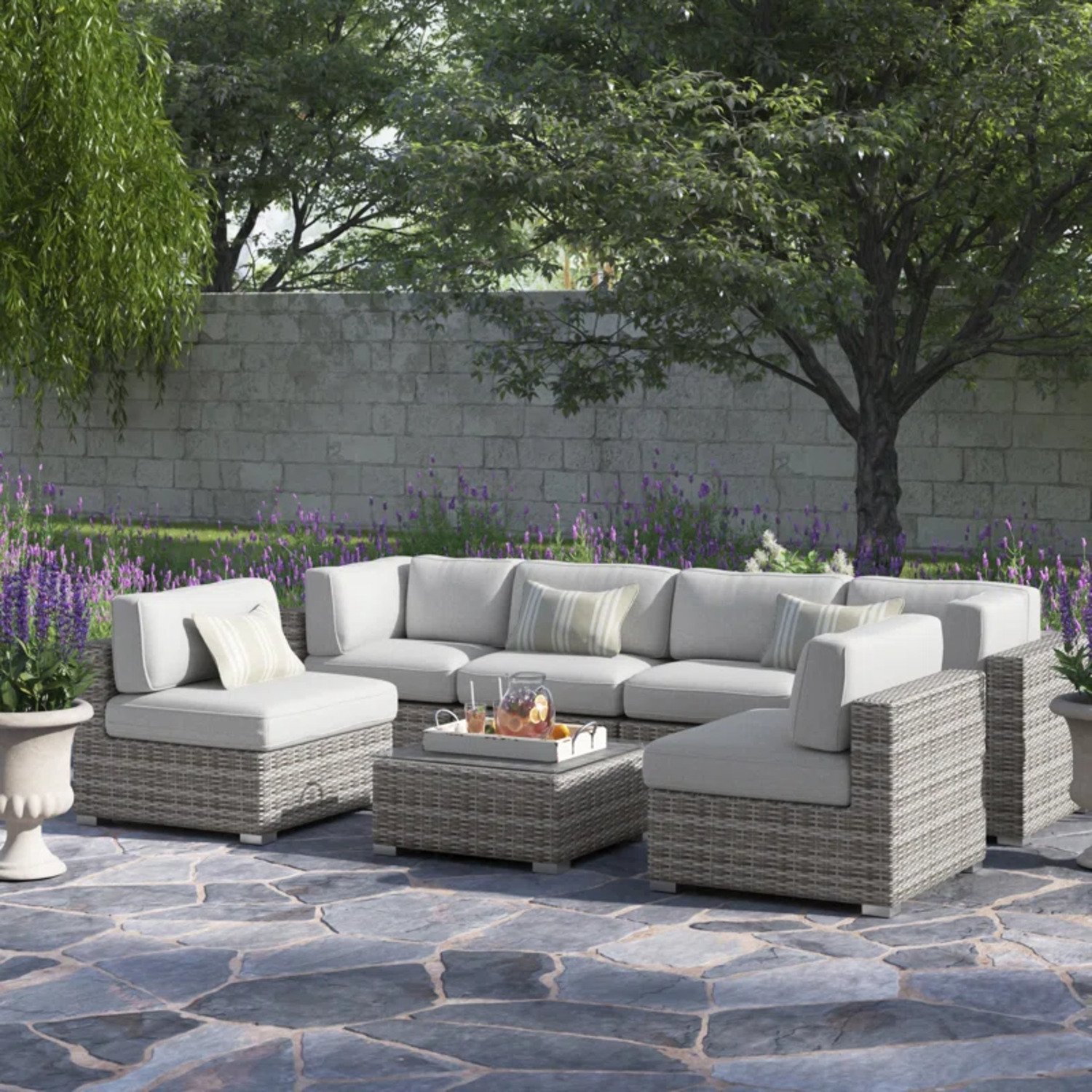 6 Piece Rattan Wicker Patio Set With Cushions, All Weather - Gray Mix - Image 4