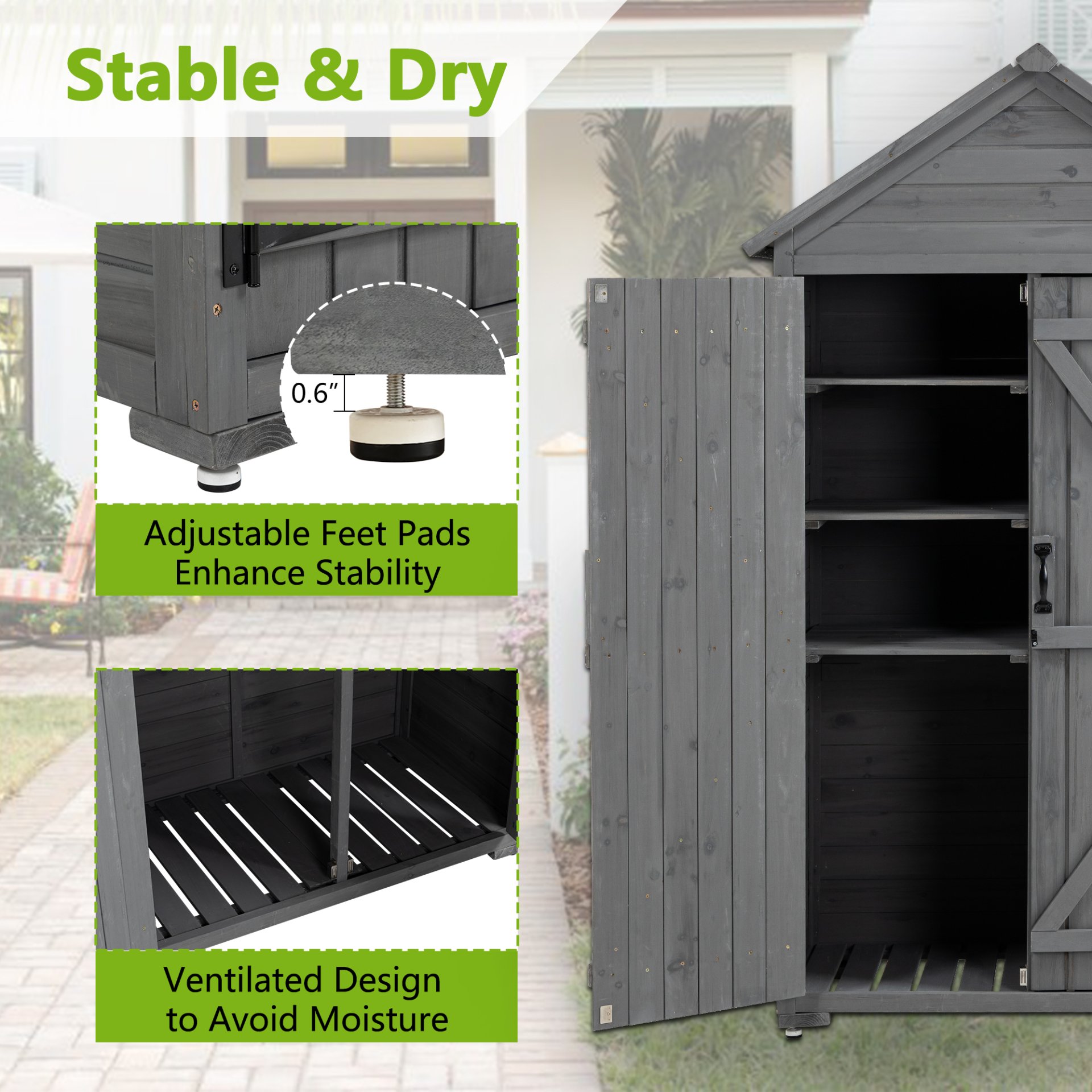 Outdoor Storage Cabinet, Garden Wood Tool Shed, Outside Wooden Shed Closet With Shelves And Latch For Yard - Gray - Image 9