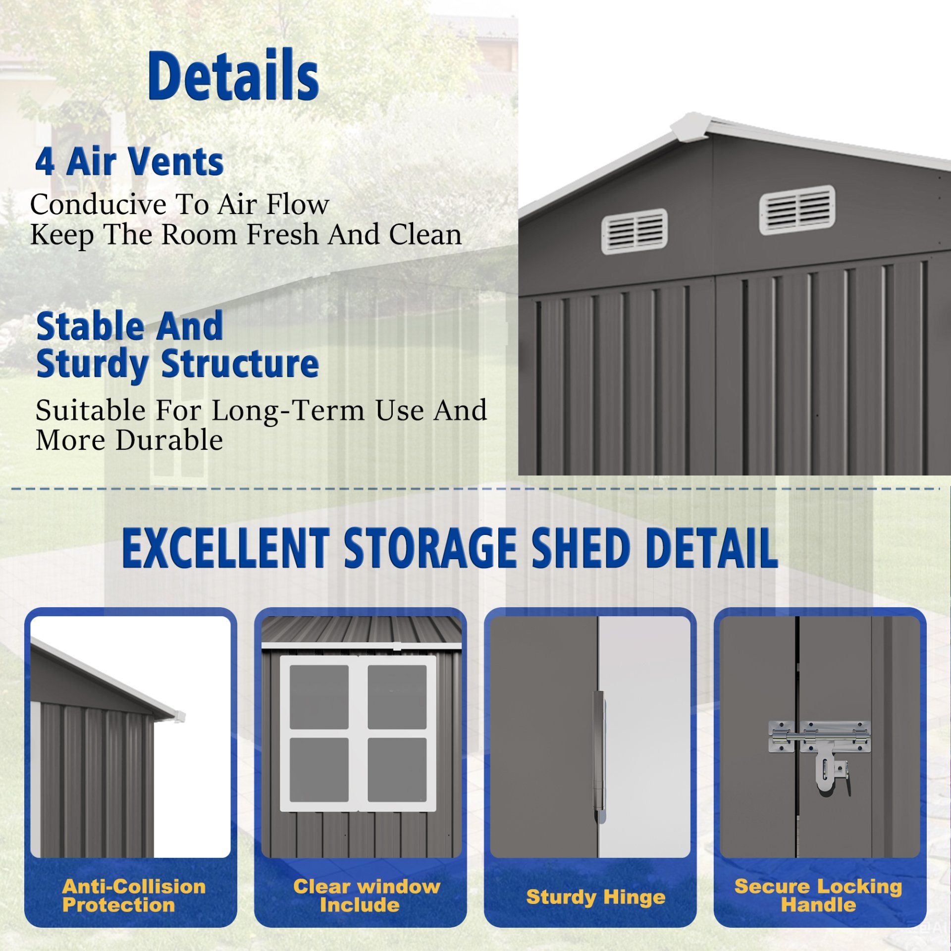Large Metal Outdoor Storage Shed With Lockable Door, Air Vent, And Clear Window For Garden Tools And Bicycles - Gray - Image 8