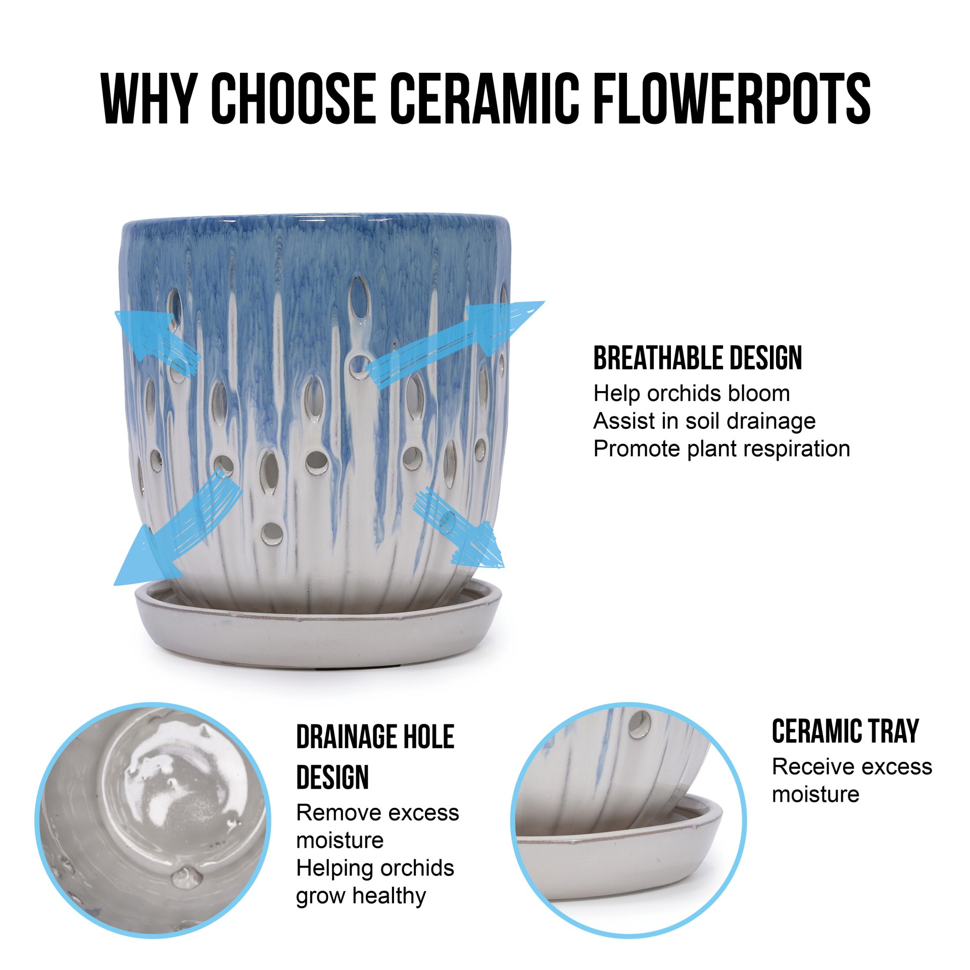 Ceramic Flowerpot With Drainage Hole, 8" Planter For Patio, Garden, Windowsill (Set of 2) - White / Blue - Image 13