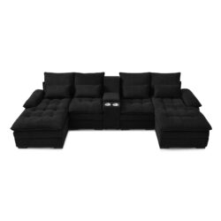 Upholstered U Shaped Sofa With Console, Cupholders, Sleeper Couch Set - Black