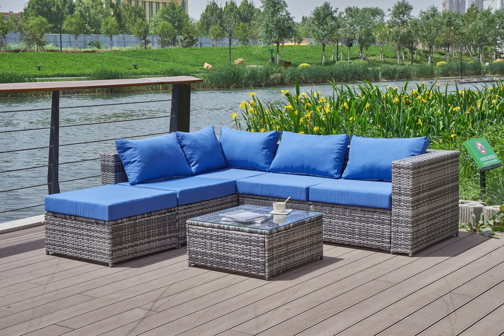 Luxurious Comfort Patio Sofa With Cushions - Blue / Gray - Image 11