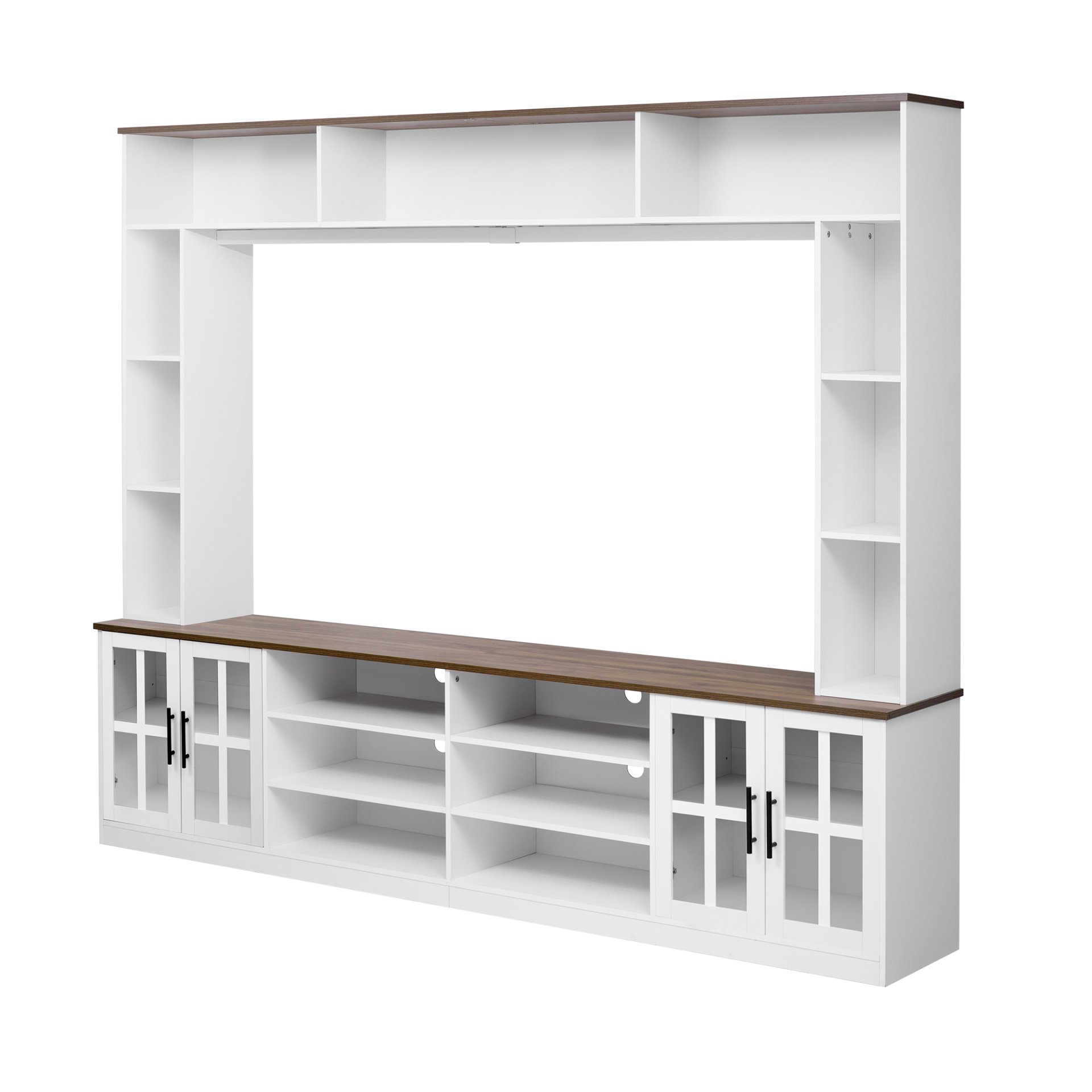 Wall Unit Entertainment Center With Bookshelves For TVs Up To 80", Modern TV Stand Media Console With Cabinets, Tempered Glass Doors And Adjustable Shelves For Living Room - White - Image 10