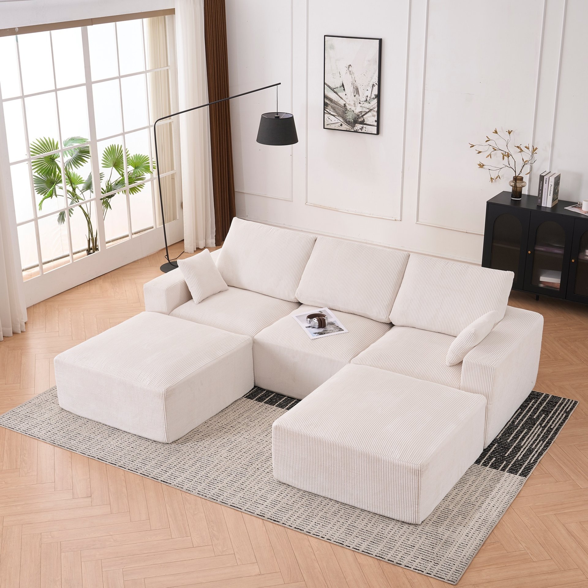 Modular Sectional Sofa, L Shape With Extra Wide Seat Cushion, USB And Type C Charger, Petal Armrest Design, Free Movement Ottoman - Beige / White - Image 2