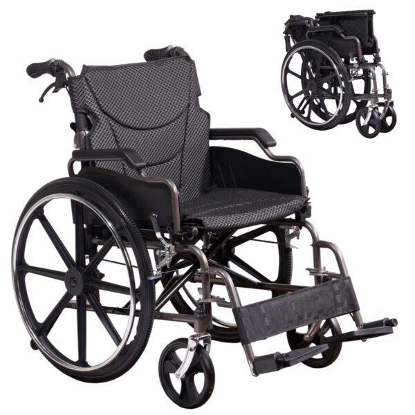 Heavy Duty Manual Wheelchair Double X Force Support 350Lbs Capacity All Terrain 24" Tires Foldable With Quick Release Wheels - Dark Gray