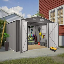 Large Metal Outdoor Storage Shed With Lockable Door, Air Vent, And Clear Window For Garden Tools And Bicycles - Gray