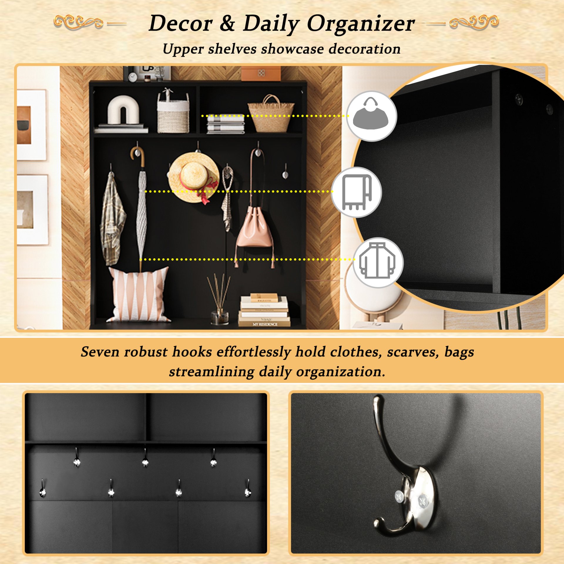 Entryway Bench With Coat Rack, 3 In 1 Design And Adjustable Shelves, Hall Tree With 7 Hooks For Entrance, Living Room - Black - Image 8