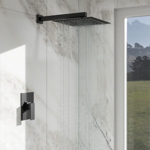 Shower Faucet Set With Rainfall Shower Head And Shower Valve, Stainless Steel And Brass - Matte Black
