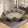 L-Shape Sofa Bed Pull-Out Sleeper Sofa With Wheels, USB Ports, Power Sockets For Living Room - Khaki - Image 4