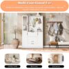 Entryway Bench With Integrated Shoe Cabinet, 3 In 1 Design And Mirrored Cabinet Door, Hall Tree With 4 Sturdy Hooks And Foldable Seat For Entrance, Living Room - White - Image 6