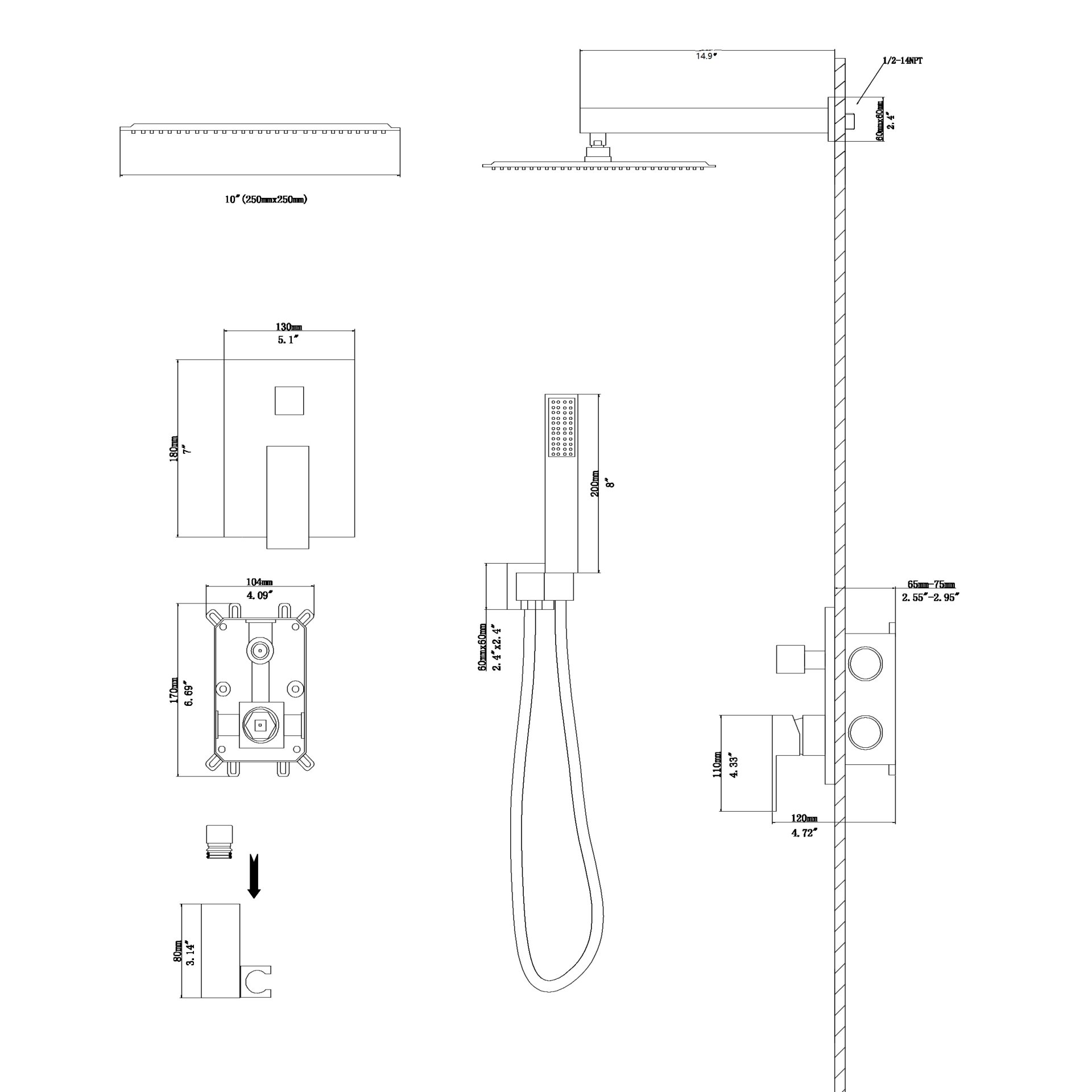 Modern Dual Shower Head System Wall Mounted Square Design With And Rough In Valve - Chrome - Image 3