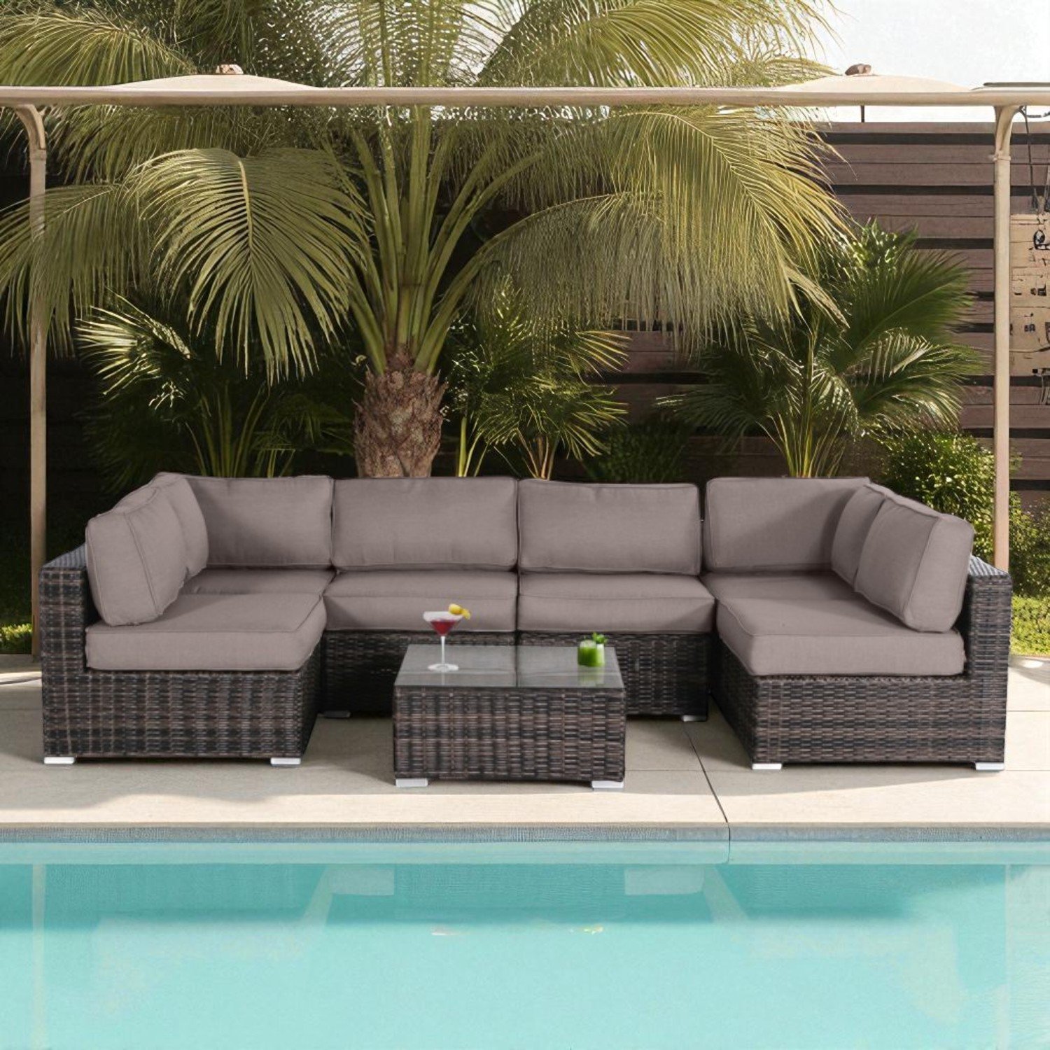 Outdoor Conversation Set For 4 With Cushions, Weather Resistant Wicker, Glass Table - Brown - Image 4