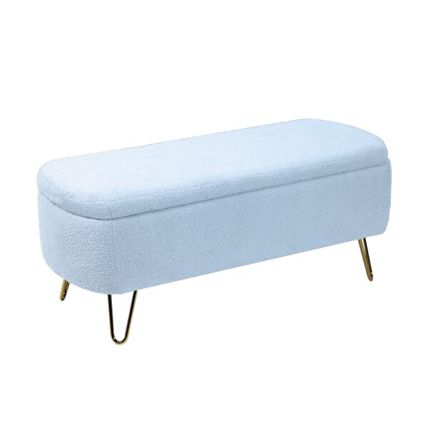Storage Ottoman Bench For End Of Bed Gold Legs, Modern Gray Faux Fur Entryway Bench Upholstered Padded With Storage For Living Room Bedroom - Blue