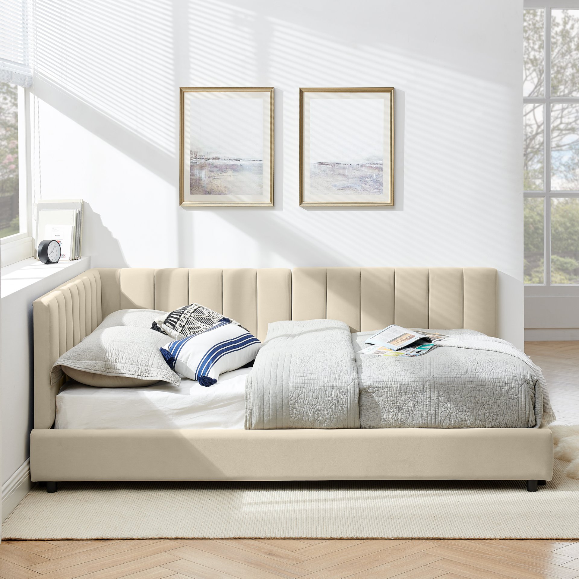 Mid Century Velvet Upholstered Full Size Tufted Bed Frame With Backrest And Armrests - Beige - Image 5