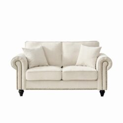 2 Seater Sofa With Rolled Arms, Tufted Upholstery, Nailhead Trim - Beige