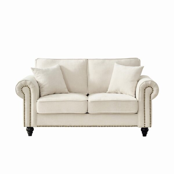 2 Seater Sofa With Rolled Arms, Tufted Upholstery, Nailhead Trim - Beige