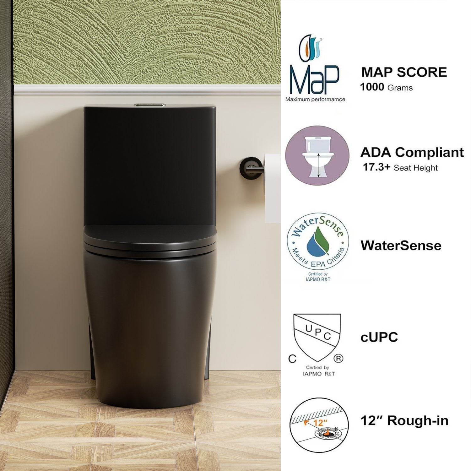 1 Piece Toilet With Tornado Flush, Dual Flush, And ADA Height Comfort Chair - Matte Black - Image 13