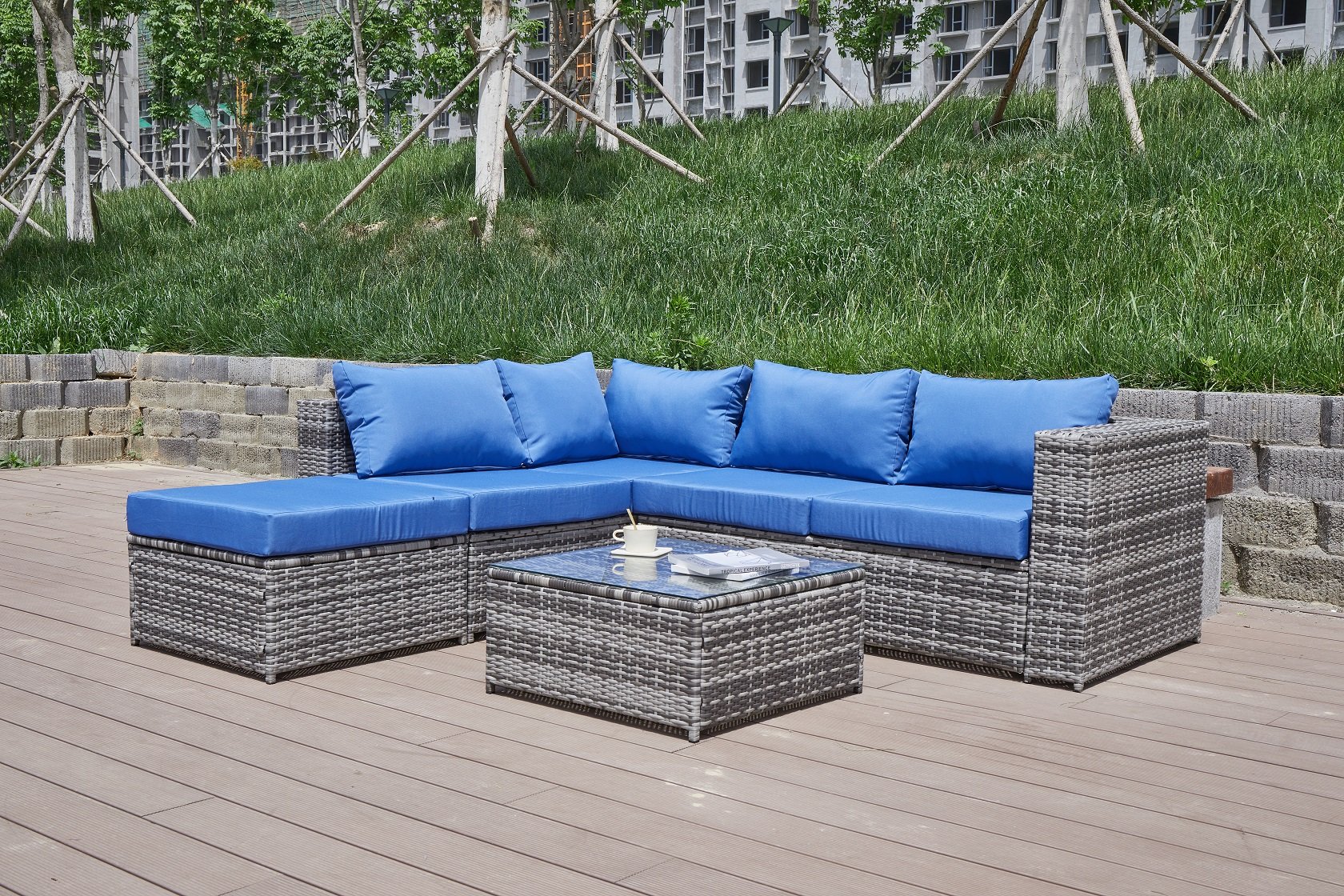 Luxurious Comfort Patio Sofa With Cushions - Blue / Gray - Image 16