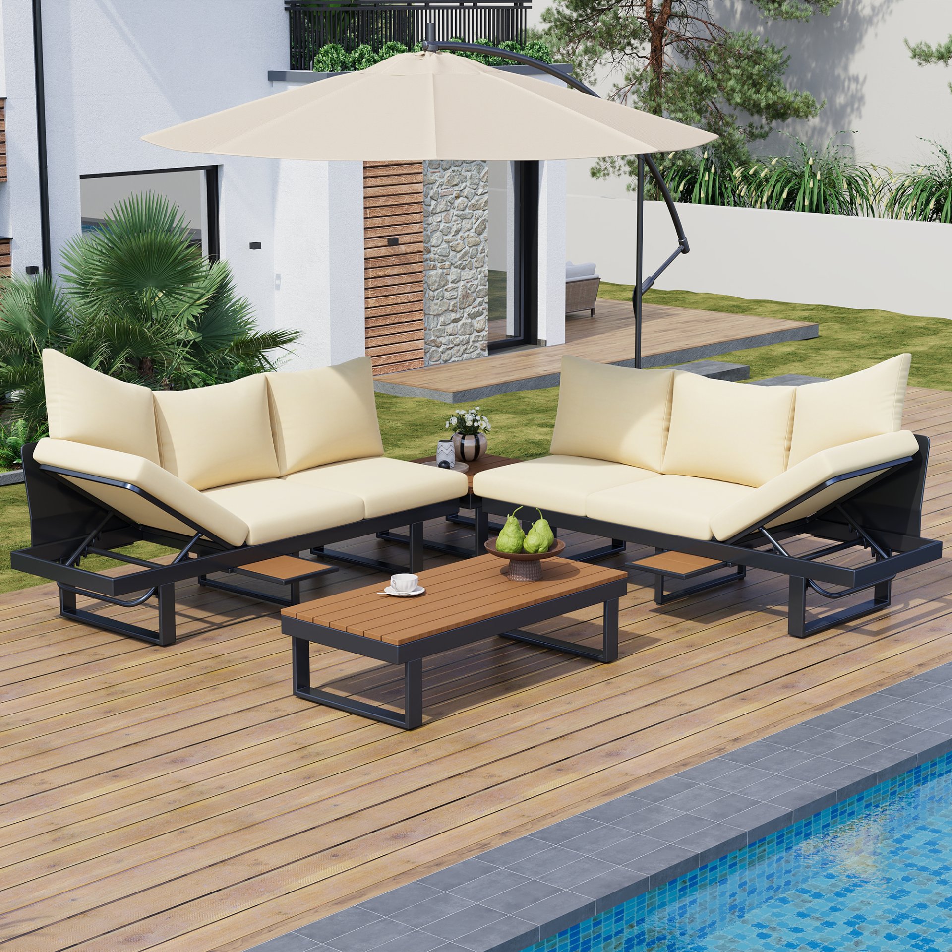 Outdoor Sectional Sofa Set With Adjustable Reclining Seats For Backyard - Beige - Image 14