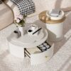 Modern Round Coffee Table (Set of 2), 360 Degree Rotatable Flower Shaped Top With 2 Drawers, Top Circle Side Table End Table With Glass For Living Room - Off White - Image 2