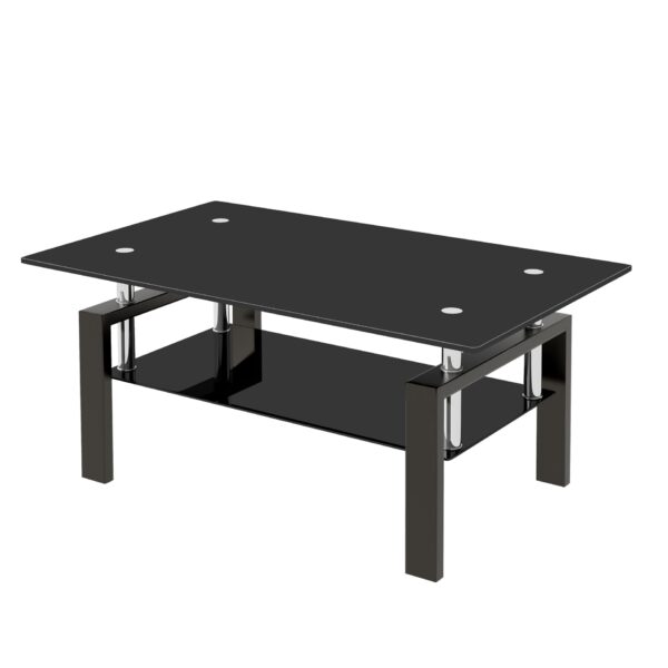Tempered Black Glass Coffee Table, 2-Layers Tea Table - Black
