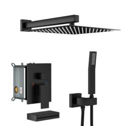 Wall Mounted Square Shower System With Waterfall Tub Spout And Rough In Valve - Matte Black