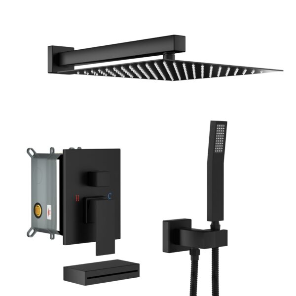 Wall Mounted Square Shower System With Waterfall Tub Spout And Rough In Valve - Matte Black