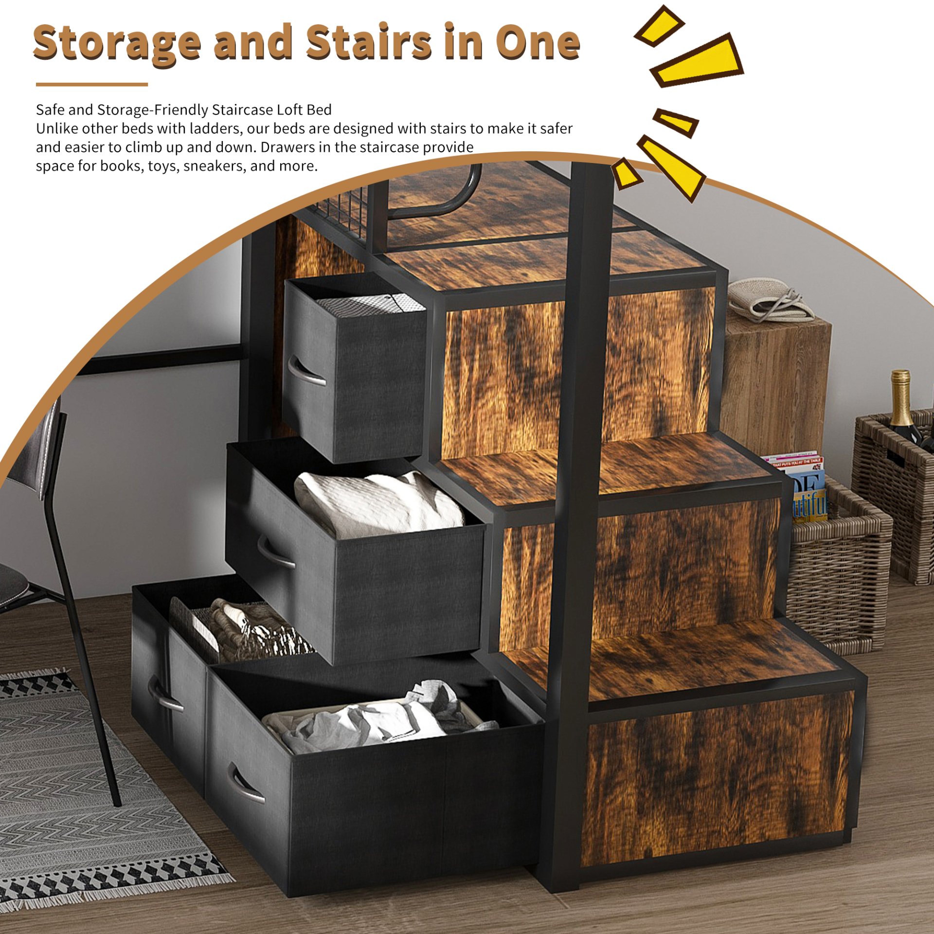 Heavy Duty Full Loft Bed With Desk & USB Charging Metal Frame With Storage Drawers And Staircase - Black - Image 8