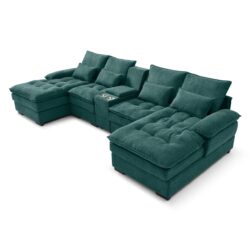 Upholstered U Shaped Sofa With Console And Cupholders Fabric, 6 Seat Sleeper Couch Set - Green