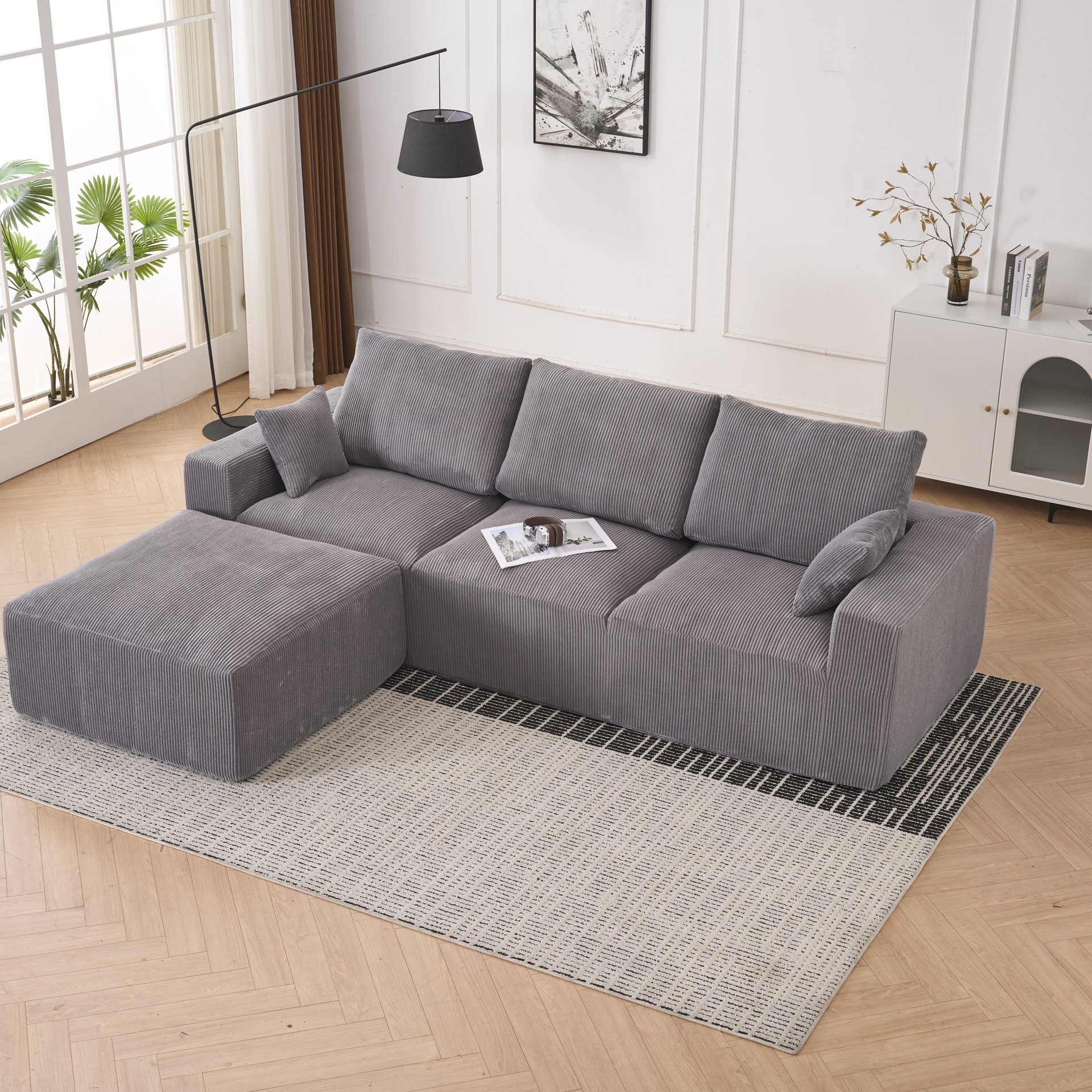 Modular Sectional Sofa, L Shape With Extra Wide Seat Cushion, USB And Type C Charger, Petal Armrest Design - Gray - Image 8