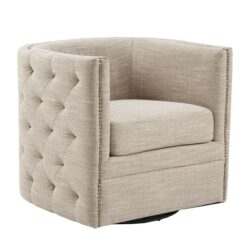 Swivel Chair With Tufted Barrel Design And Nailhead Accents - Cream