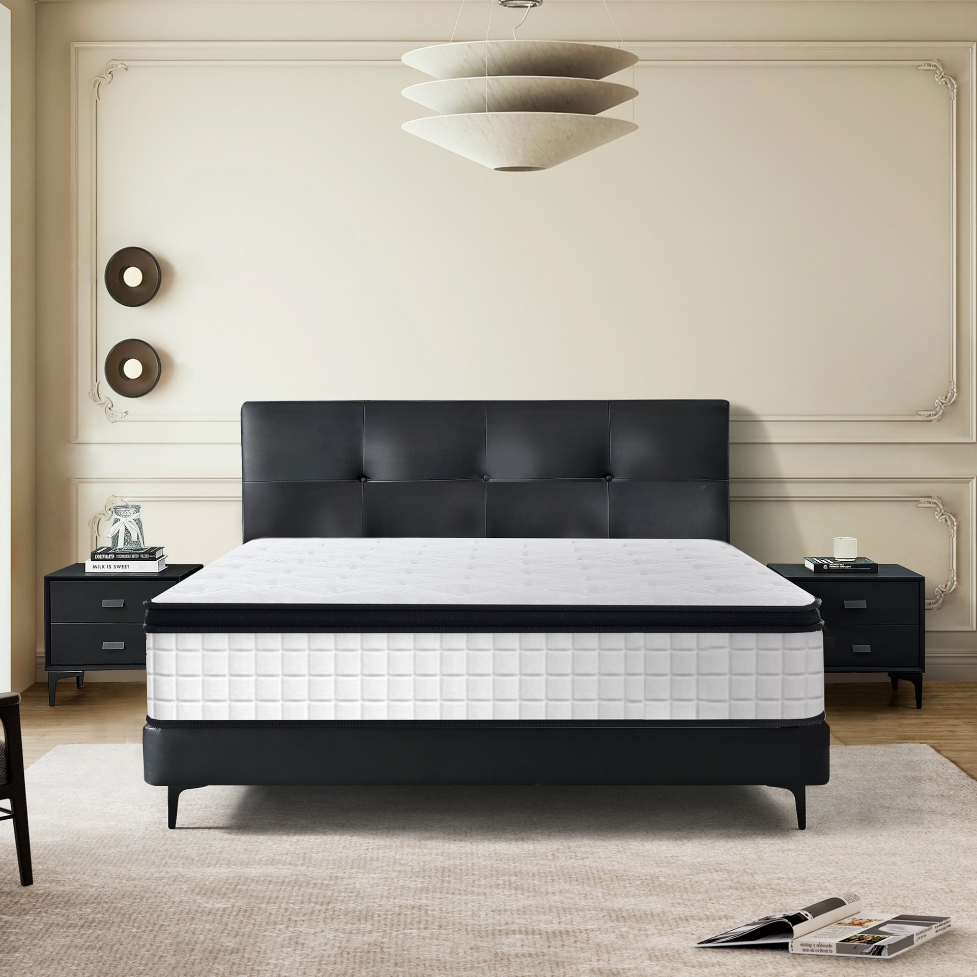 12" Full Size Hybrid Mattress With 7 Zoned Individual Pocket Spring Memory Foam Breathable Knitted Cover - White / Black - Image 9