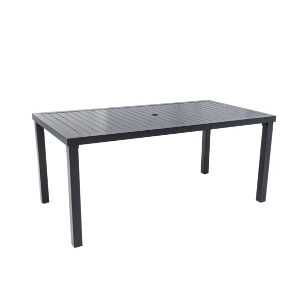 Modern Rectangular Outdoor Patio Dining Table With Post Leg Design, Rust Free & Weather Resistant, Adjustable Foot Pads, Umbrella Hole With Matching Cover - Ember Black