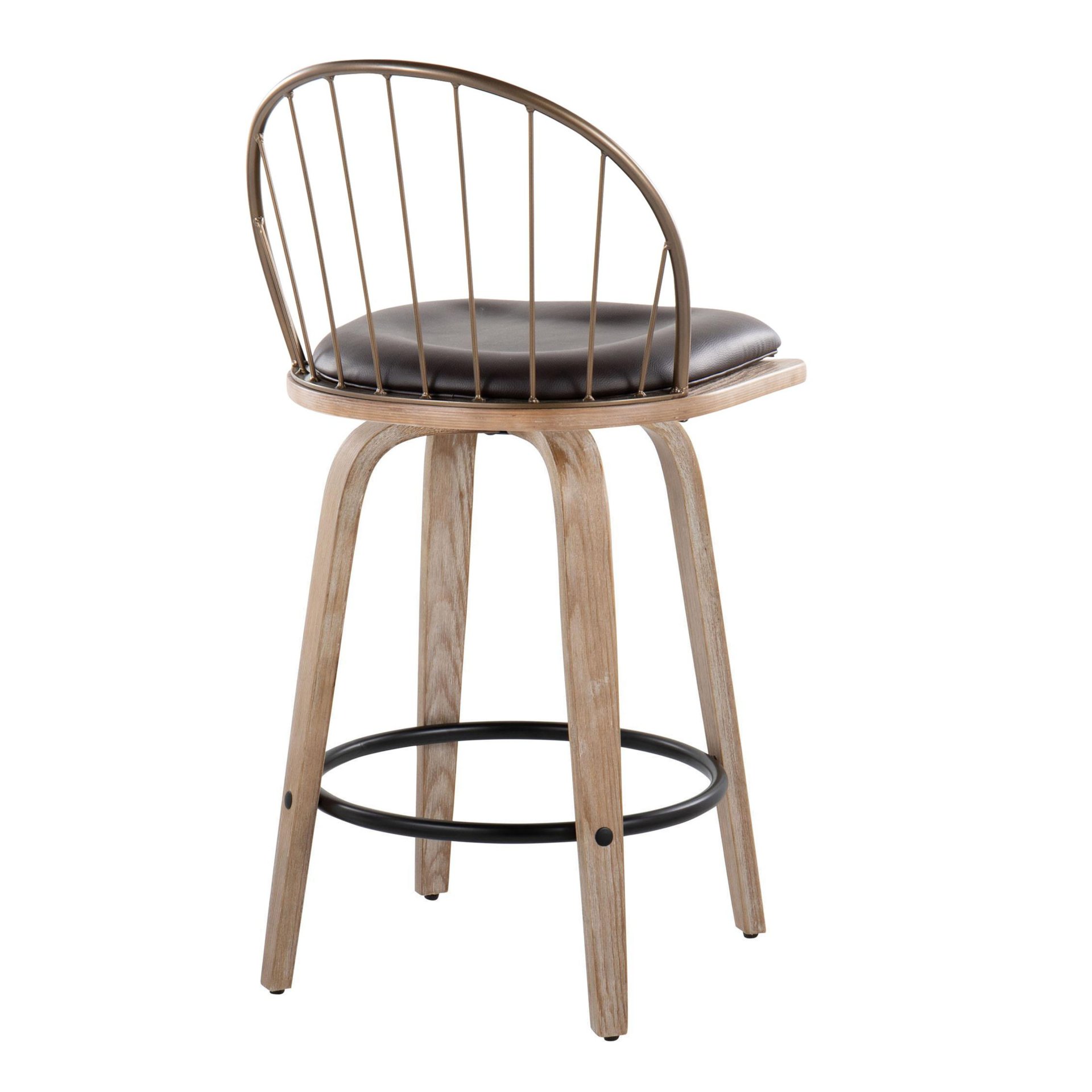 Riley - Farmhouse Fixed Height Counter Stool Round Footrest With Removable Cushion (Set of 2) - White Washed / Antique Copper / Brown - Image 4