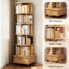 6 Tier Rotating Bookshelf With Wheels And Drawer, 360° Spinning Design, Space Saving Storage, For Home And Office - Wood - Image 5