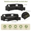 Sectional Pull-Out Sofa Bed L-Shaped Corner Sofa Couch With Storage Chaise, USB Ports, Power Sockets, Cup Holder For Living Room, Bedroom, Study - Black - Image 5