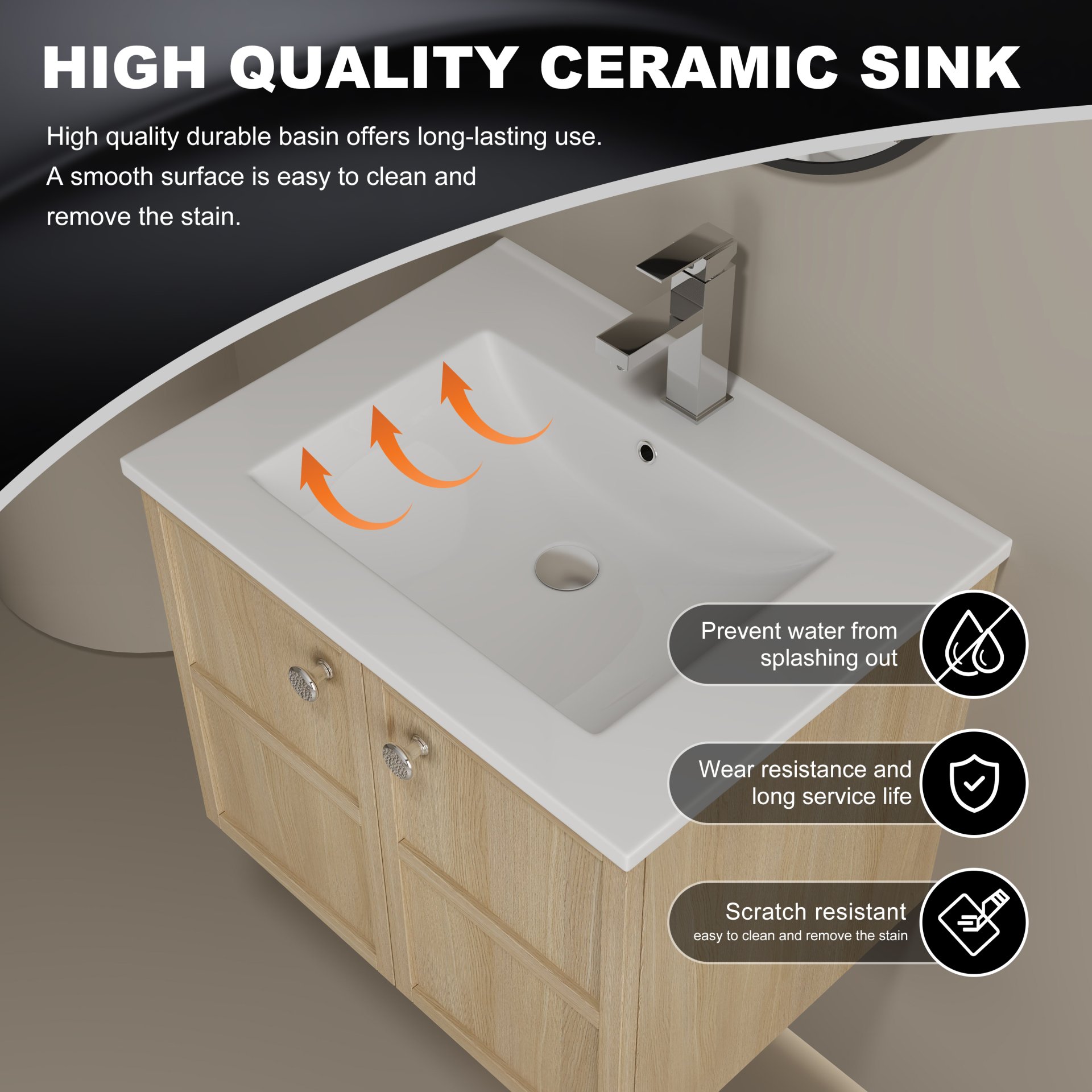 24" Wall Mounted Bathroom Vanity With Ceramic Sink And 2 Soft Closing Doors - Oak - Image 6