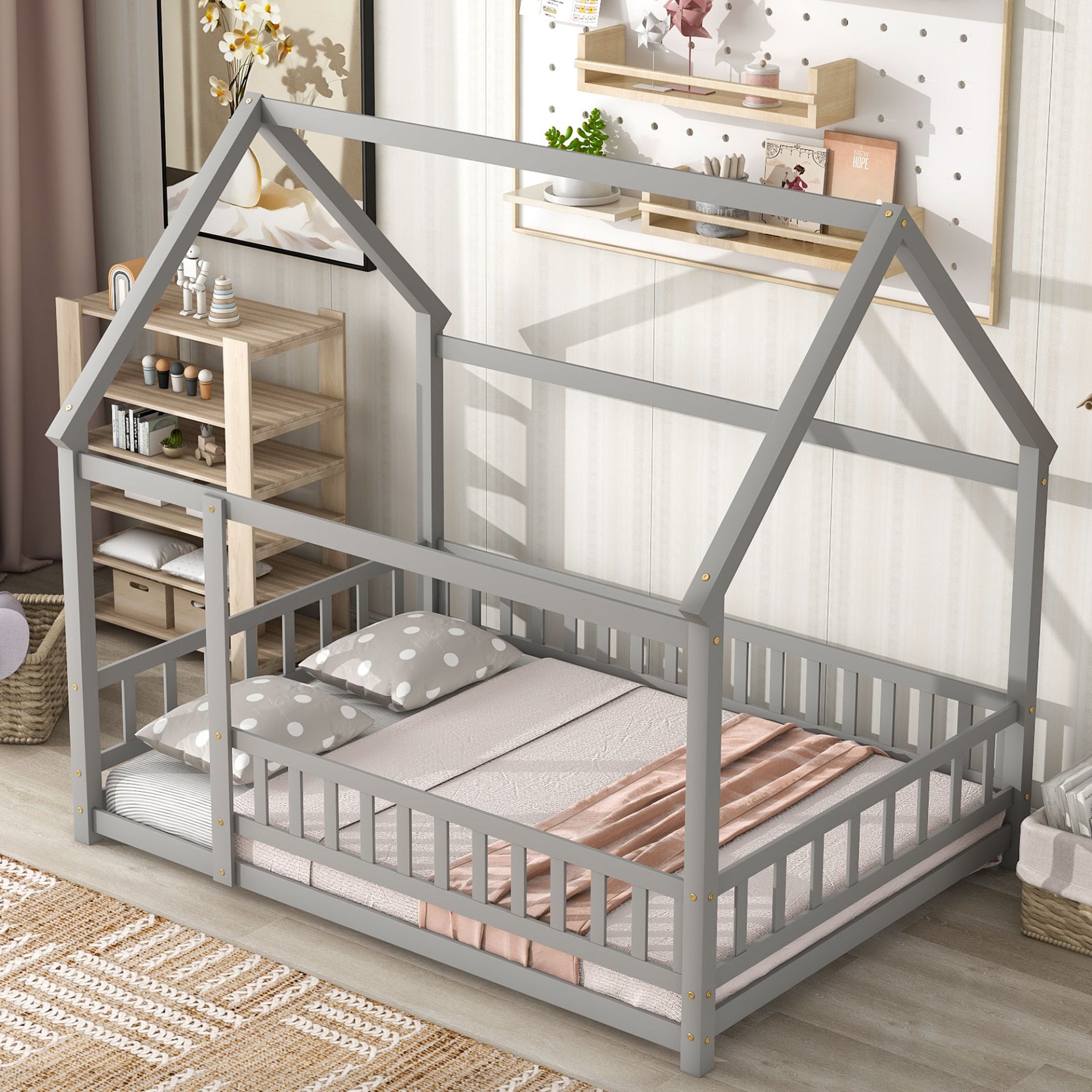 Full Size Floor Wooden Bed With House Roof Frame, Fence Guardrails - Gray - Image 5