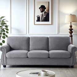 Soft Sofa, Upholstered 3 Seater Couch, Loose Back Cushions And Turned Legs - Gray