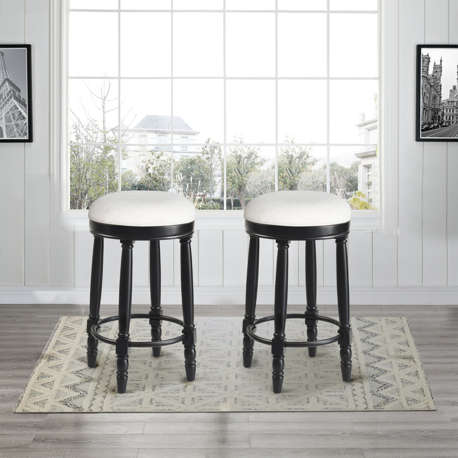 360° Swivel Wooden Barstools, 26" Counter Height (Set of 2) With Fabric Upholstered Seat - Black - Image 2