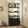 Transitional Wide Reeded Bookshelf With Drawers On Bottom - Black - Image 7