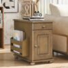 Vintage End Table Flip Top Side Table With USB Ports, 1 Multifunctional Drawer With Cup Holders, Sofa Couch Table With Bookshelf For Living Room And Small Space - Brown - Image 3