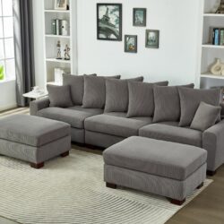 Modular Sectional Sofa, 5 Seater Oversized Convertible L & U Shaped Couch, Corduroy Fabric - Gray