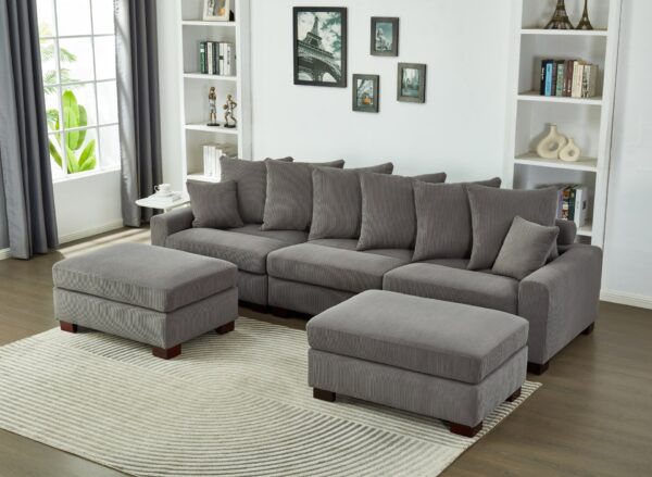 Modular Sectional Sofa, 5 Seater Oversized Convertible L & U Shaped Couch, Corduroy Fabric - Gray