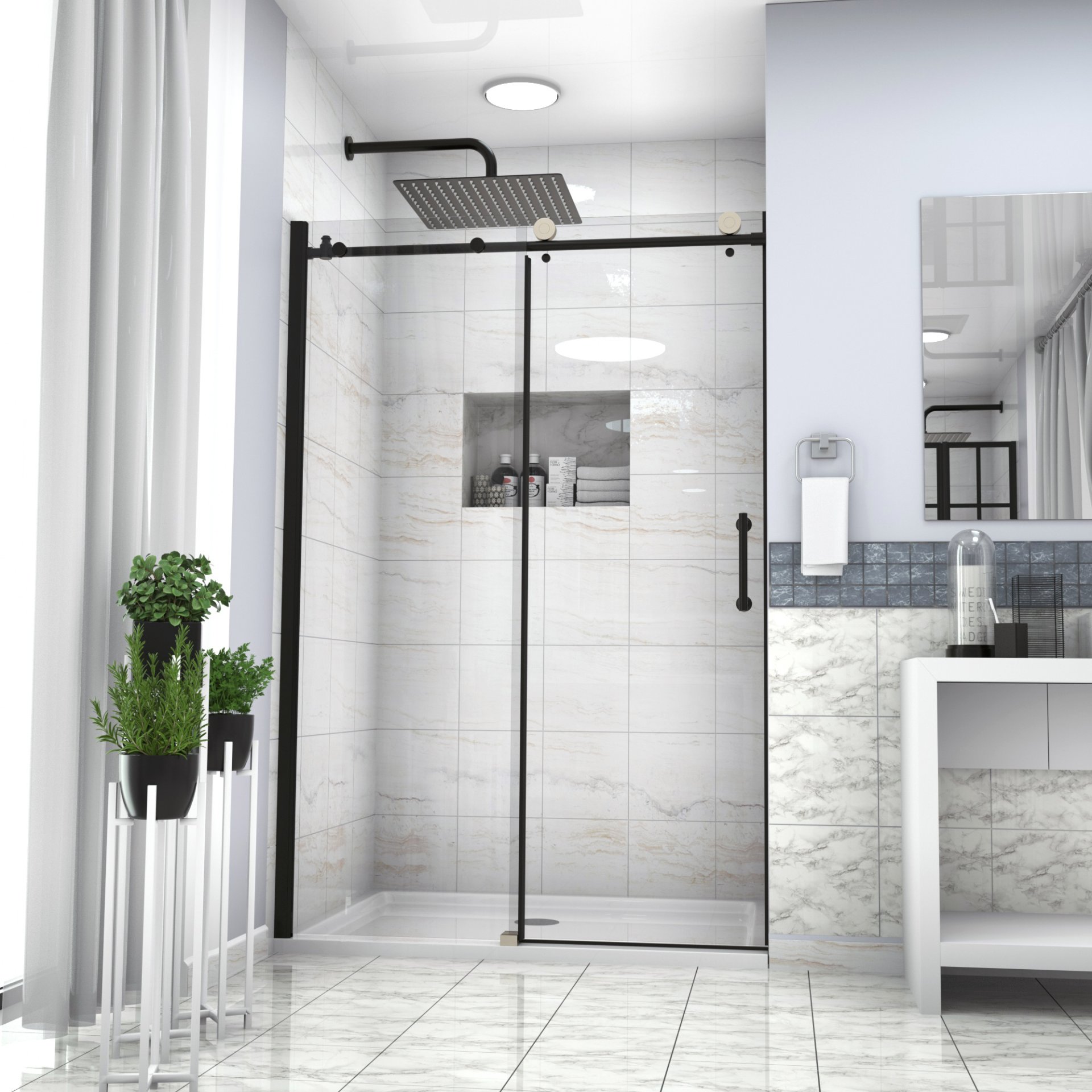 Single Sliding Bypass Shower Door Enclosure With Tempered Glass - Matte Black - Image 4