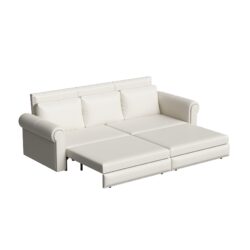 Pull Out Sofa Bed, 3 In 1 Convertible Sleeper Sofa With Nailhead Trim & Rolled Arm, Multi Functional Sofa Bed For Living Room, Bedroom, Apartment, Office - Cream White