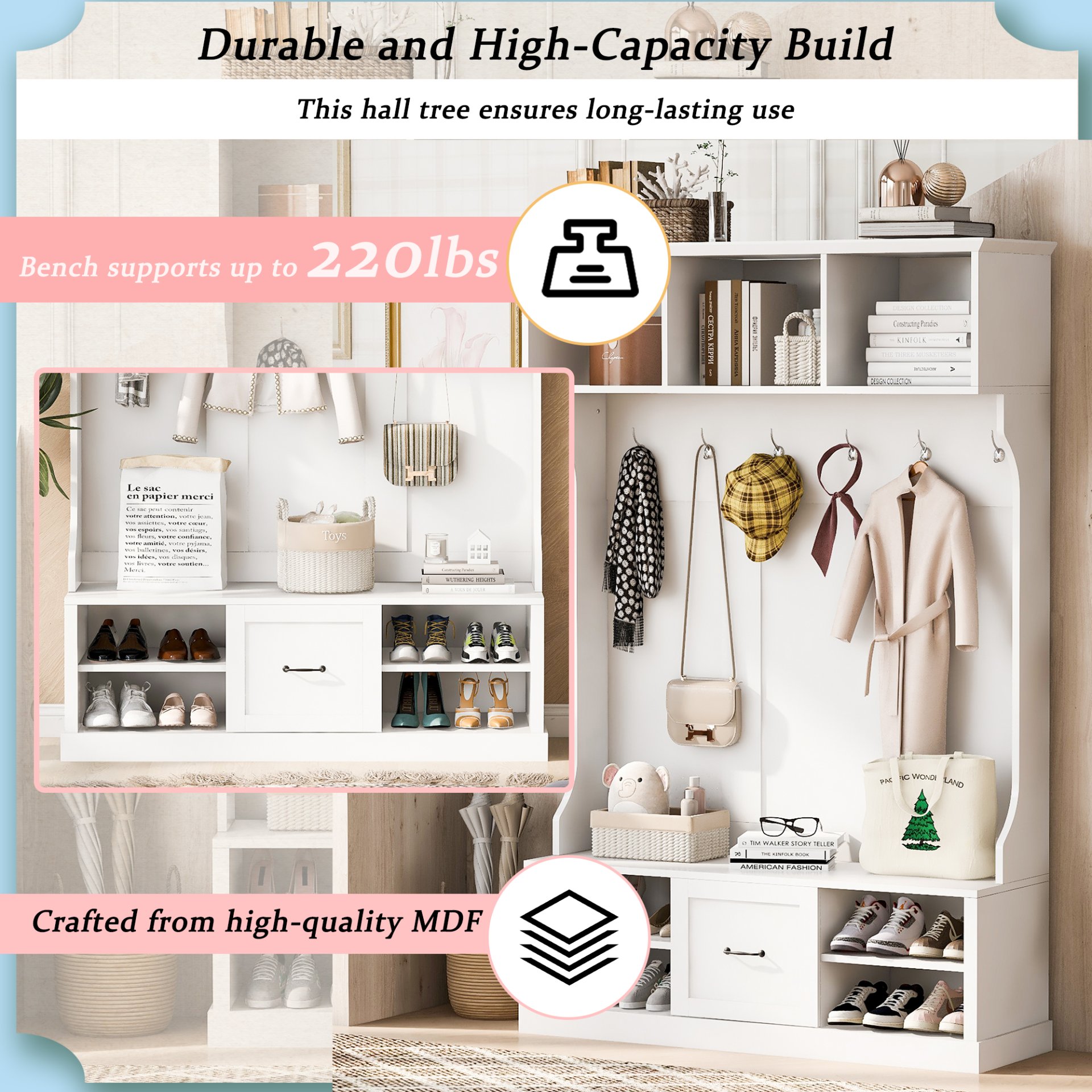 Hall Tree With 6 Hooks, Coat Hanger, Entryway Bench, 3 In 1 Design, A Spacious Drawer For Entrance, Living Room - White - Image 6