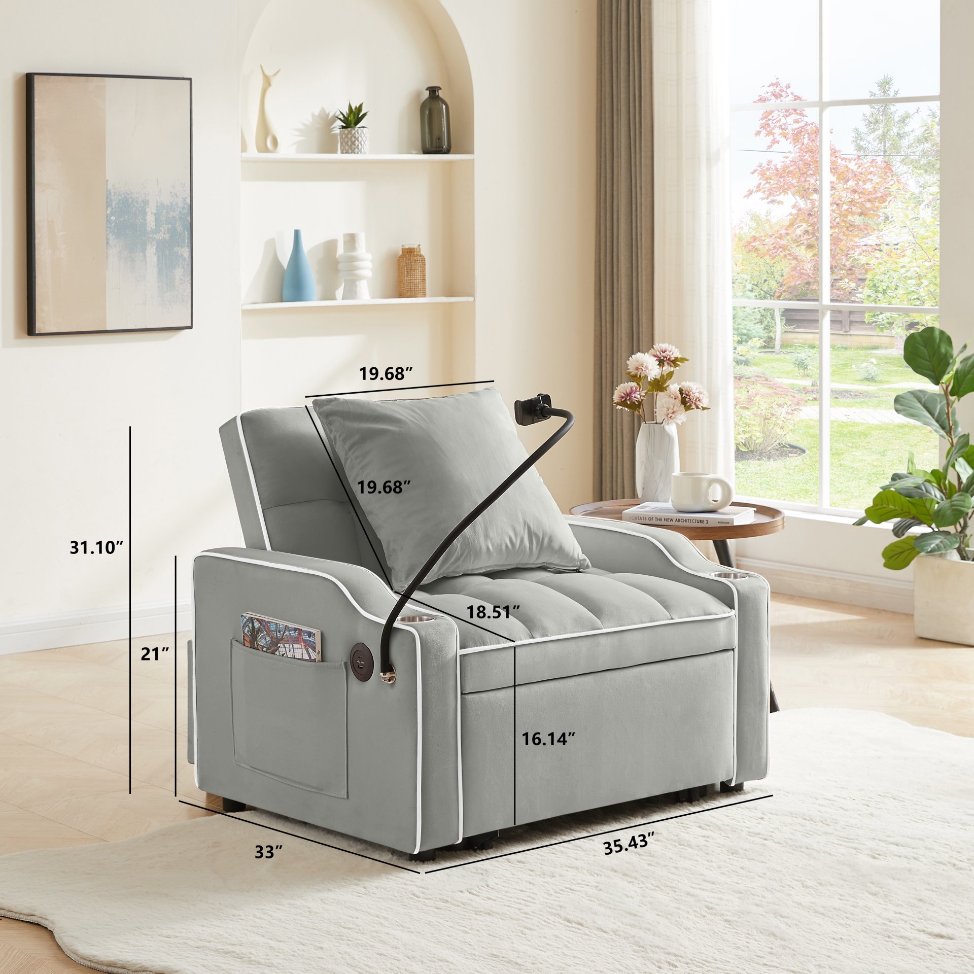 3 In 1 Convertible Sleeper Chair Sofa Bed, Adjustable Pull Out With Multi Pockets Velvet - Gray - Image 3