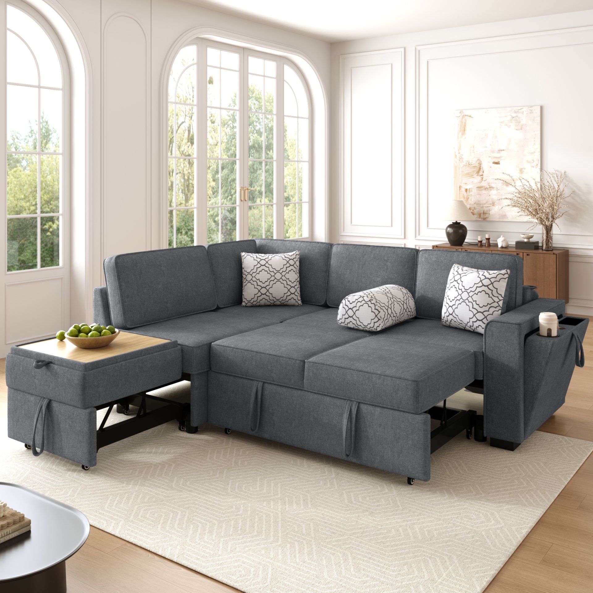 Convertible Sectional Sofa Bed Shaped Sofa With Dual Pull Out Sleepers, Flip Top Table, USB Ports, Cup Holder & Storage - Dark Gray - Image 3